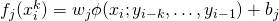 f_j (x_{i}^{k})=w_j \phi(x_i; y_{i-k}, \dots, y_{i-1})+b_j